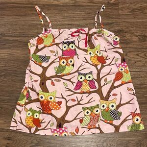 Vintage Nick & Nora Colorful Owl Print Tank Pajama Top Pink Brown Green Size XL